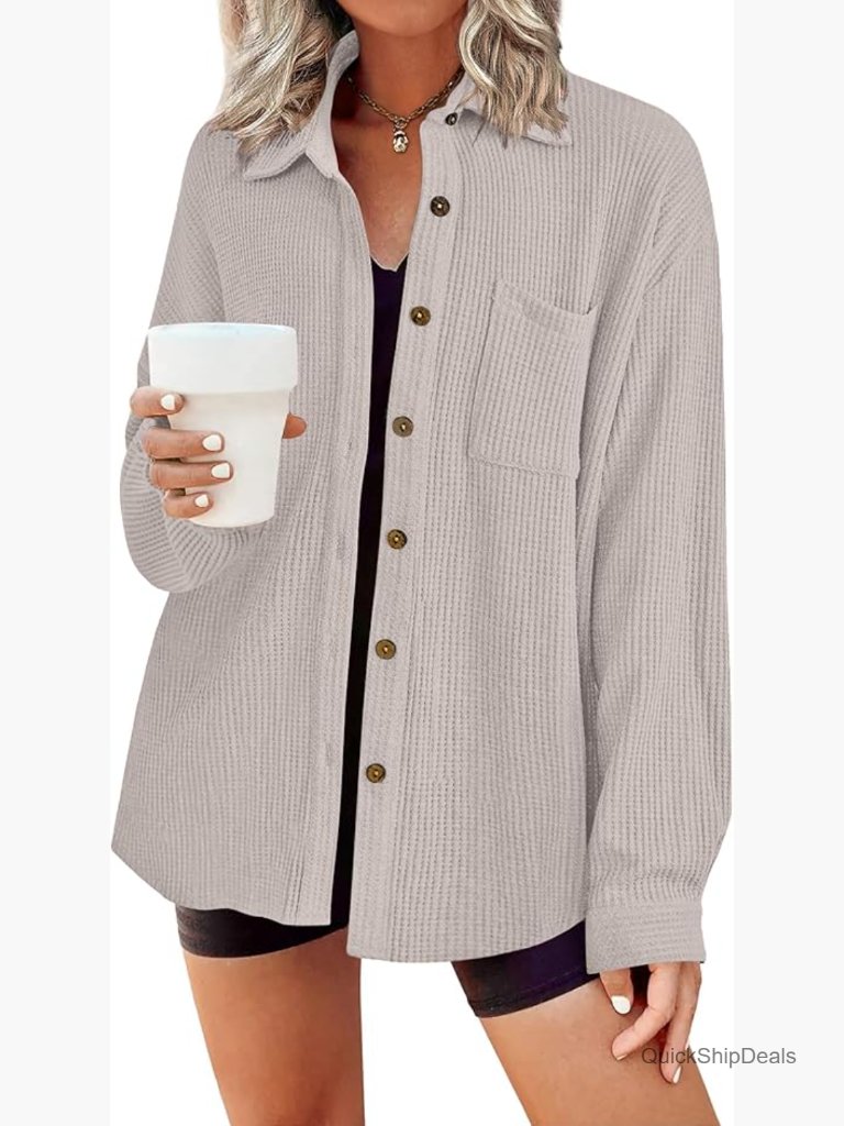 Waffle Knit Button Down Shirt Long Sleeve V Neck Lightweight Tops